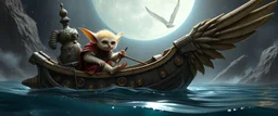 a blonde fluffy quickling kobold gremlin that looks like the opposite of a vampire in bunad leaning on statue of twister interdimensional sci fi boat gliding through space waters under the biggest owl