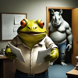 photo of a fat yellow-green color angry anthropomorphic frog in simple human cloths and take between his hands many paper in office, on the wall hang an wall board with some written sheets of paper, in background standing an anthropomorphic strong gray rhinoceros in blue jeans and in t-shirt behind in halb open door , dark colors, detailed 3d, sci-fi, fantasy mood