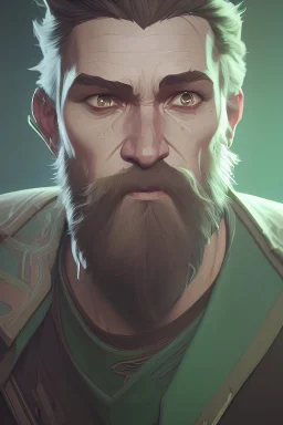 photorealistic white male bearded handsome, hyperdetailed painting, luminism, Bar lighting, complex, dark green miltary armor, 4k resolution concept art, Artgerm, WLOP, Alphonse Mucha, 3d render, octane render, intricately detailed, cinematic, awesome full color, hand drawn, dark, gritty, cinematic