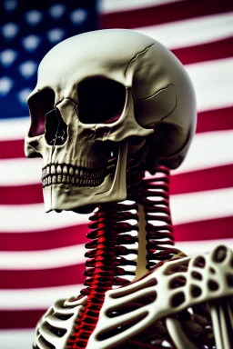 A close up of a skeleton face looking at the camera from a mysterious side view. Deep bony features and inside the hollow eyes are red shining lights, scary. Dressed in an astronaut suit floating in space. On his suit is an American flag and in his one hand is a small wavering American hand flag. From the back of his suit is blowing out blue, white and red smoke. Realistic, 8k, highly detailed, funny