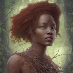 Painting .the face of A young black woman. A wood nymph emerging from the forest. Her hair looks like vines. Dreadlocs. Her skin is the colour of dark red soil. Her skin looks like tree bark. Her clothing is made of vines, grass and leaves.