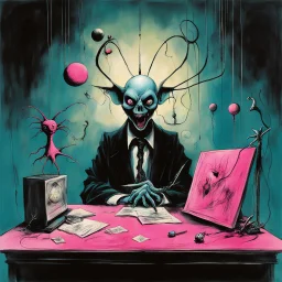 Scary stories of the infinite interview, intimidating magister behind desk, Joan Miro and Stephen Gammell and Gerald Scarfe deliver a sinister surreal masterpiece, warm hues, dark_cyan and pink color scheme, sinister, creepy, expansive, sharp focus, dark shines, asymmetric, abstract