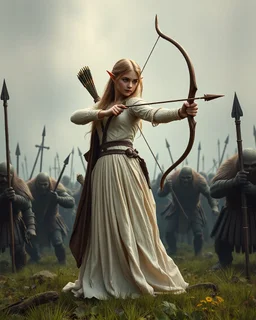 Realistic Photography length image,elf princess standing action holding arrow ready to shot sorrounded by orcs zombies troops