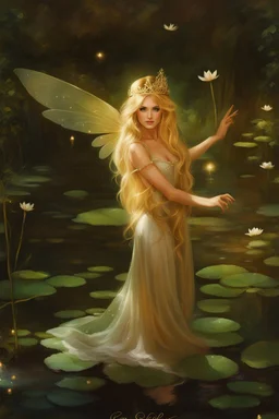 Fairy Princess, long blonde hair,long golden hair, Fairy crown ,fairy, fairy wings, sparkle,waterlilies,flawless feet,