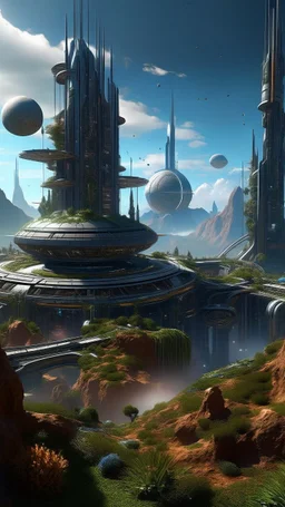 sci fi planet, spire garden, busy city