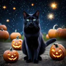 black cat on Halloween dancing with pumpkins in the photo of the starry sky