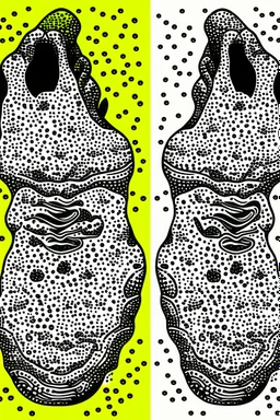 Draw two footprints. The tread pattern from the shoes is white and made entirely from the shapes of ghosts in the style of Salvador Dali’s “the face of war”. Use no more than 4 colours. Do not draw a shoe.