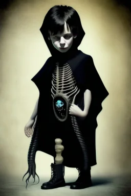 7 year old boy, necromancer, friendly, looks dead,with a long lamprey emerging from his belly , wearing black robes, in the style of H.R. Giger