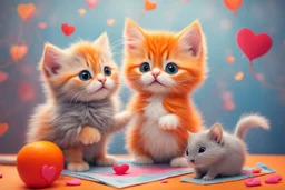 a fluffy orange kitten makes friends with a cute gray mouse on Valentine's day, happy vibe studio lighting fantastic view colourful very cute Lisa Frank richard scarry