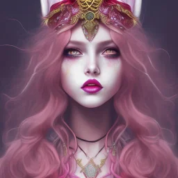 Young, Fire witch, round full face, pale skin, wild curly pink hair, red eyes, pink and red eyeshadow, pink glossy lips, wearing a pink witch hat, wearing a red crystal necklace