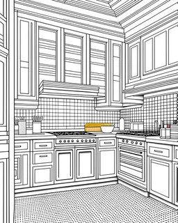 white modern ethnic kitchen with wood design ,Coloring Book for Adults and Kids, Instant Download, Grayscale Coloring Book