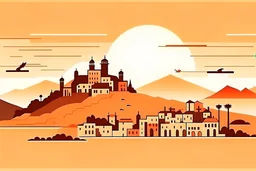 Scenes A skyview over a city in a scary hell, an Oman castle on a hill in the background, style: children’s book illustration, flat vector-like, no shadow, minimalistic, no outline, realistic colors in orange, red shades