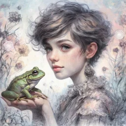 Whimsical and realistic ink, charcoal, markers, and oil painting, Impressionist style, realistic textures, minimalist approach, portrait of a young woman with a pixie cut hairstyle, holding a frog, ith delicate highlights, soft and dreamy background, pastel shades, fantastical ambiance, detailed and intricate linework, fine art quality, intricate patterns, enchanting atmosphere, ethereal lighting, by a blend of Van Gogh and Mary Cassatt, Artstation. Modifiers: bokeh Nikon D850 highly detailed di