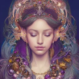 portrait,"Insanely detailed photograph of a beautiful Queen of the light Goddess,gorgeous clean face, highly intricate dress,intricately designed colorful mardigras decorations in hair,elegant, highly detailed hair, digital painting, artstation, concept art, smooth, sharp focus, illustration, art by artgerm and greg rutkowski, alphonse mucha,Dan witz, 8 k,looking downward,album cover art,fantasy