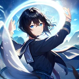 Clear focus,High resolution, Black short fluffy hair, and blue eyes, wearing a sailor uiform, Wind magic