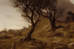 night, dark fantasy influence, philosophic and inmaterial influence, rocks, dry trees, flowers, distant house, friedrich eckenfelder, ferdinand georg waldmuller, and auguste oleffe paintings