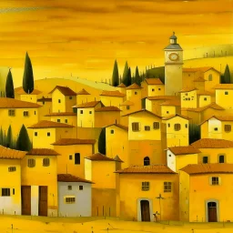 A golden yellow village with mystic clocks painted by Mark Rothko