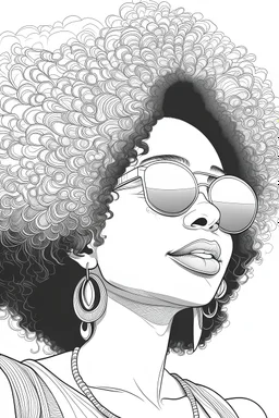 Create a coloring page of a curvy black female looking to the side with sunshades on. She has TIGHT LONG AFRO. Very beautiful. Background white.