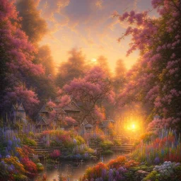 View of a beautiful sunset in the garden, oil on canvas, intricate, portrait, 8k highly professionally detailed, HDR, CGsociety, illustration painting by Mandy Jurgens and Małgorzata Kmiec and Dang My Linh and Lulu Chen and Alexis Franklin and Filip Hodas and Pascal Blanché and Bastien Lecouffe Deharme, detailed intricate ink illustration, heavenly atmosphere, detailed illustration, hd, 4k, digital art, overdetailed art, concept art, complementing colors, trending on artstation, Cgstudio