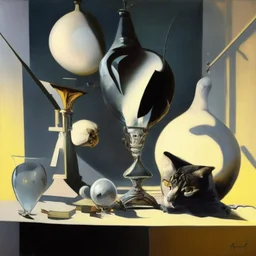 Abstract painting formed by a mix of human flesh-like surgical instruments and universe-like neuralink, a cat looking at a pigeon inside a huge bulb between light and shadow at dusk,surrealism,minimalism,Painting By Adrian Ghenie, Rene Magritte, Salvador Dali, Lucian Freud