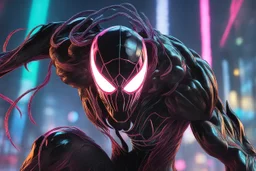 Huge symbiote in 8k 80s solo leveling shadow drawing style, yone model, neon lights, intricate details, highly detailed, high details, detailed portrait, masterpiece,ultra detailed, ultra quality