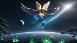 matrix universe, space, planets, god creation, angels from other dimensions with beautiful wings, trees on the planet, behind green crystals of light, few tiberium monolith deposits on the planet near tree,