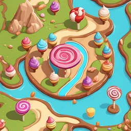 lollipop into cartoonist lake style model isometric top view for mobile game bright colors, color render hyper, lovely, surreal solid chocolate land with candies asset, cartoonist, toon, has some sands edges for a mobile game level map without terrains middle details, portrait top closer view