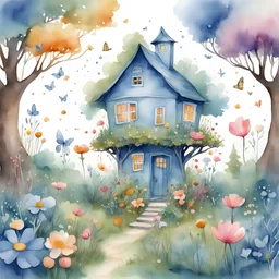 Create a charming and whimsical children's illustration in a watercolour style featuring a garden full of flowers in a prairie, a whimsical fairy looking blue house and a tree with a beautiful treehouse. All surroundered by flowers. Forest. The scene should evoke a sense of magic and playfulness, making it an enchanting visual for young readers. Emphasize vibrant colors and an overall delightful atmosphere. Let the illustration capture the imagination, making it a perfect to a children's book.