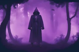 sorcerer looking figure in the middle of a misty forest with purple sky