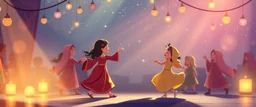 illustration of children playing and dancing. fantastic lighting, chaabi children's book proportions