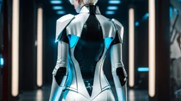 picture from behind the human android female with short white hair, white albino skin , she wearing black-silver-white colors futuristic fashion cloths, sje walking in high-tech futuristic office, sci-fi mood, ultra detailed, high contrast, Professional photography