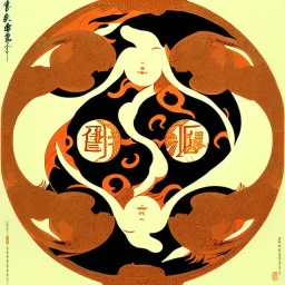 Ukiyo-e styled art, ying and yang sign