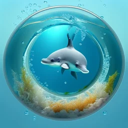 A cute little dolphin in a small circular fish tank.