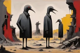ong-legged surreal lean black-grey figures with beak-shaped heads in overcoat, profile, semi-silhouettes among ramshackle ruins in a barren landscape of red, yellow, black and beige colors, intricate acrylic painting
