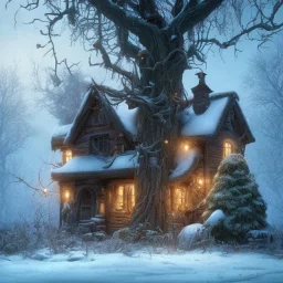 sad,scared dog tied to a tree with house in background, winter, 8k resolution, high-quality, fine-detail, intricate, digital art, detailed matte, volumetric lighting, illustration, 3D octane render, brian froud, howard lyon, selina french, greg rutowski