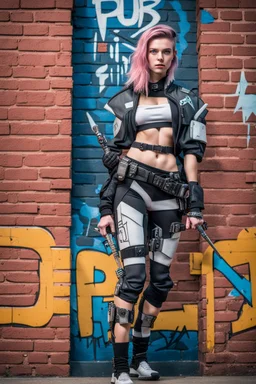 teen woman in retro-futurist cyberpunk costuming with pants leaning to the side with shoulder against a brick pillar, background is brick with graffiti of a right pointing arrow and the word "PUB" on the left, figure has 2 swords sheathed at hip and pouch on the opposite hip