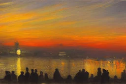 Futuristic city, people, sunset, philip wilson steer and lesser ury influences, realistic painting