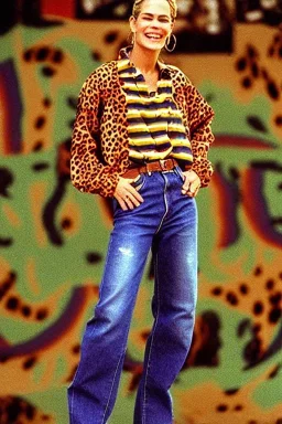 year 1996 denim fashion. Loose fit, low waist, baggy. Colors: denim blue, blue, purple, khaki, light green, lilac, plum, orange, terracotta, red, pink, dark blue, beige. Patterns: cheetah, balls, stripes. Women models. Sharon Stone, Sandra Bullock, Winona Ryder, Milla Jovovich, Big tennis shoes on. Latex in small part, areas, clothes..