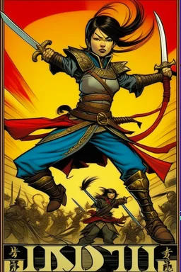 Create image of the text plane style comic character : A woman, believing herself a fearsome warrior, dramatically confronts the invading Mongols. She holds her sword upside down and shouts "You do not fear the educated woman...". A Mongol casually pushes her over and steals her dictionary, revealing her misguided idea of strength. The Mongols burst into laughter. Comic Image Ideas * Panel 1: Woman stands defiantly, sword held backwards, Ertugrul music blasting in the background. Mongols look