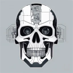 FLAT VECTOR LAYERED IMAGE OF CYBERNETIC SKULL PARTS IN A SCHEMATIC, BLACK AND WHITE, AUTOCAD, FINE LINE BLUEPRINT,