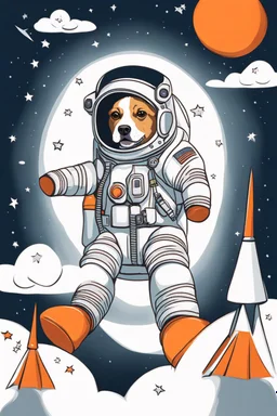 white and orange dog flies to the moon top of the a rocket