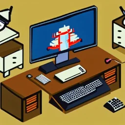 a man wearing samurai armor using a vintage computer from 1 9 9 7 with a crt monitor, at his desk in his office, isometric view, illustration, graphic design