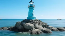 A light blue bay with a lighthouse designed in Ica stones