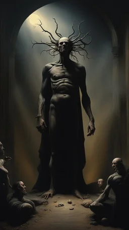 Bosch nightmares paining style Title:the giant lized, 8k artistic photography, photorealistic concept art, soft natural volumetric cinematic perfect light, chiaroscuro, award-winning photograph, masterpiece, oil on canvas, Raphael, Caravaggio’s, Greg Rutkowski, people, beksinski, Giger