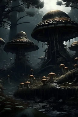 scary dark mushroom city in the forest