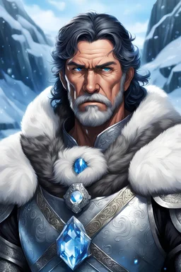 ,1older man, a older man with blue eyes and black hair man in silver Viking armor with fur around the neck with blue crystal on his chest , in the artic, warrior in anime style,
