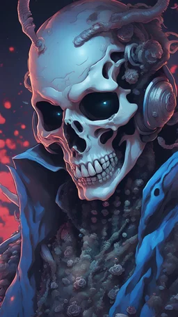 a close up of a person with a skull on their head, blue and black colors, anime skull portrait man, scary detailed art in color, hiroyuki-mitsume takahashi, nychos art aesthetic, half man half skeleton, anime cyberpunk art, colored manga art, rossdraws pastel vibrant, hot colors. insanely detailed, beautiful anime portrait, stunning anime face portrait, scary art in color