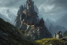 A wizard's castle high in the mountains, matte painting, concept art, by Greg Rutkowski