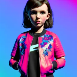 Millie bobby brown toddler, full body, leather jacket, floral shirt, floral skirt, Nike sneaker, soft skin, city background, dramatic lighting, hyper realistic