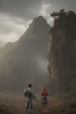 Jeune couple, visages hyper détaillés, ultra réaliste, 4k. Fille rousse aux cheveux raides, garçon musclé longs dreads. Paysage de film ultra réaliste, montagne